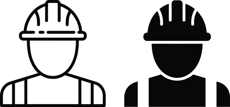 Construction worker icons in black and white design, showing outlined and solid styles with hard hats and safety vests, symbolizing labor, industry, and workplace safety.