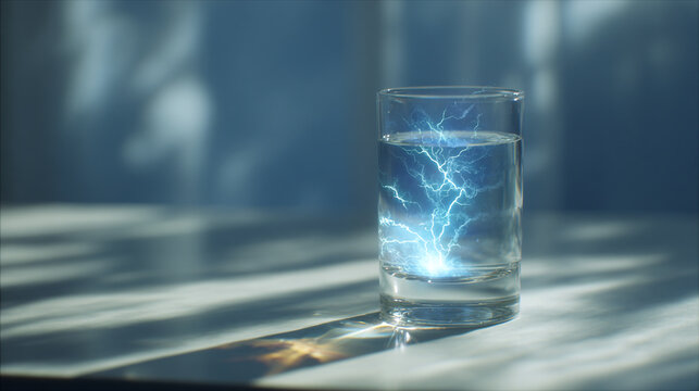 Glass of water with blue lightning spark, soft light