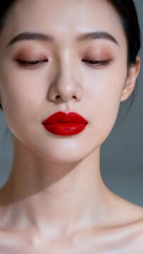 Vertical video: Makeup model closing eyes shaping lips, showing red lipstick sheen, camera rolling