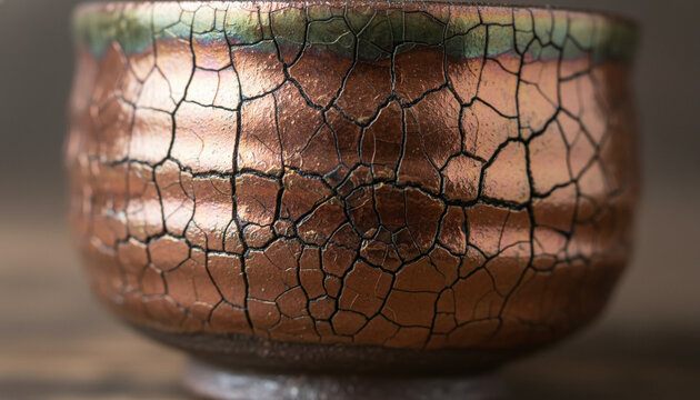 Japanese Raku pottery tea bowl texture with metallic copper glaze and black cracks