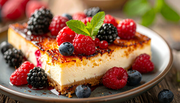 Baked ricotta dessert topped with berries, macro close-up, warm tones