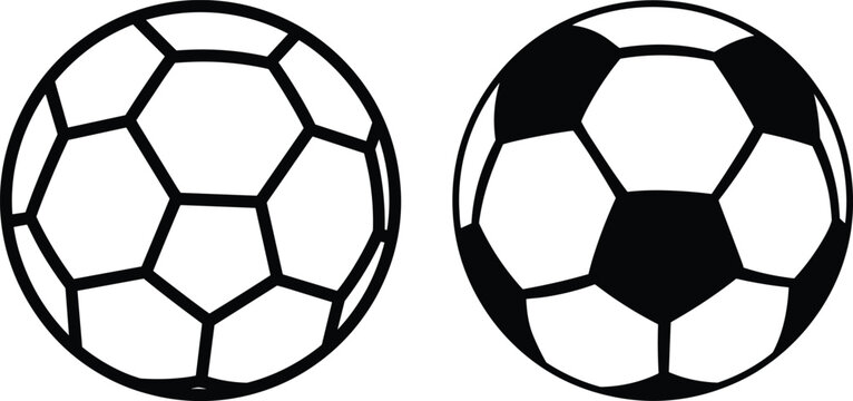Soccer ball icons in black and white design, showing outlined geometric panels and classic filled pentagon‑hexagon pattern, symbolizing sport, game, competition, and recreation.