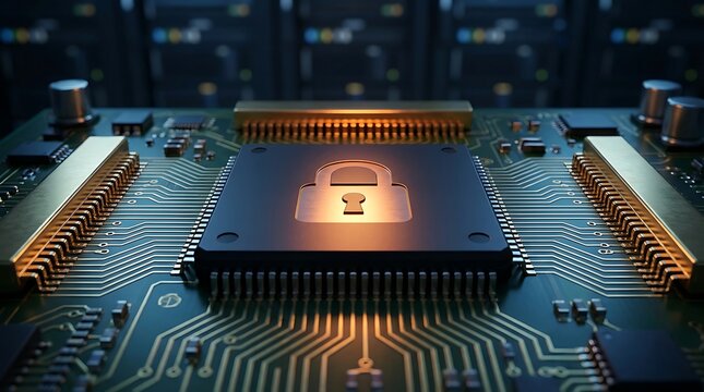 Advanced Cybersecurity Solution with Glowing Padlock Icon on Microprocessor Chip Symbolizing Robust Data Protection and Network Security