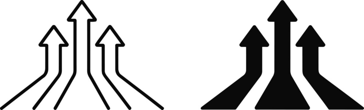 Upward arrow icons in black and white design, showing outlined and solid clustered styles, symbolizing progress, growth, improvement, and positive direction.