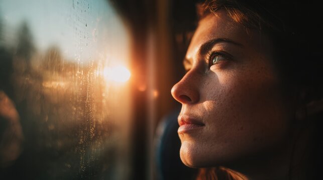 Emotional Moment of a Young Woman Traveling by Train and Watching the Landscape as Golden Hour Light Fills the Scene With Reflections