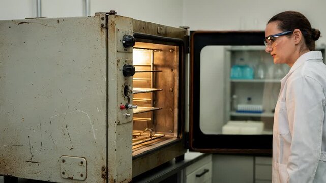 Medium shot of a lab technician adjusting an aging oven to test adhesive stability under controlled heat ensuring accurate shelflife analysis.