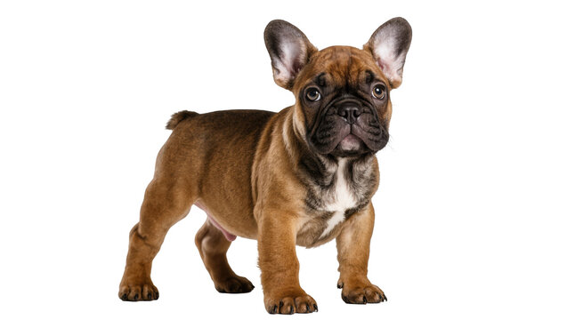 Adorable fawn French Bulldog puppy with a dark muzzle standing attentively looking at camera