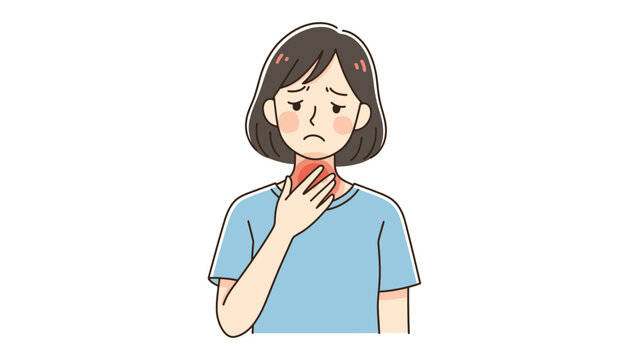 Sore throat woman illustration with hand on neck in pain