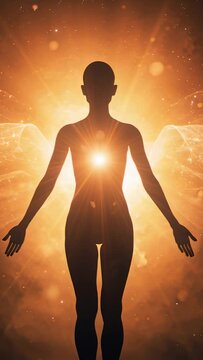 Vertical video: Emanating figure reacting to chest glow growing and forming wings in golden ether