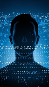 Vertical video: Standing figure getting code overlay and ribbon light as blue grid rising for scan