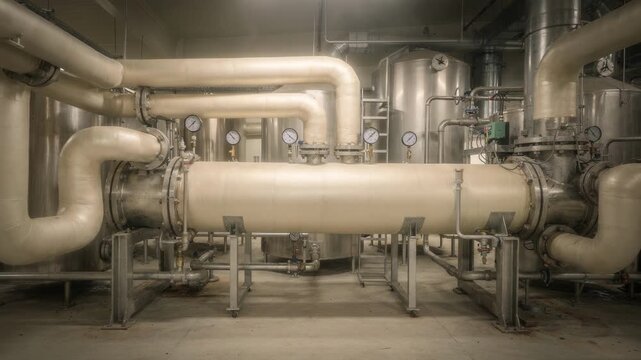 Medium shot of industrial boiler room showcasing insulated piping designed to minimize heat loss and boost energy efficiency in steam generation systems.