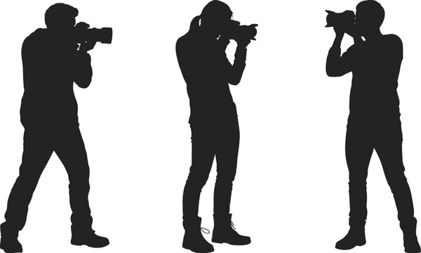 Black Photographer Silhouettes Collection Set of Professional Camera Operators Shooting and Taking Pictures for Media Press Event and Photography Concept
