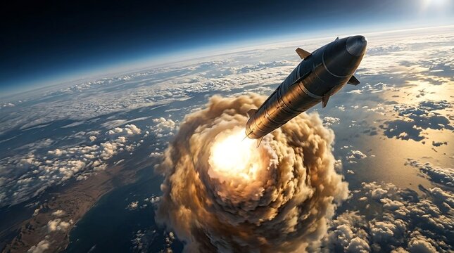 Powerful hypersonic missile ascending rapidly through the atmosphere leaving a massive fiery exhaust plume behind