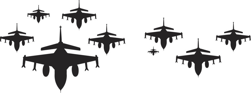 Black Silhouette Formation of Military Fighter Jets Flying in the Sky Illustration Isolated on White Background for Air Force Concepts