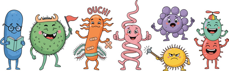 Fototapeta premium Cute Bacteria and Virus Cartoon Character Set for Educational Science Projects, Medical Infographics, Health Awareness, and Microbiology Illustrations for Children