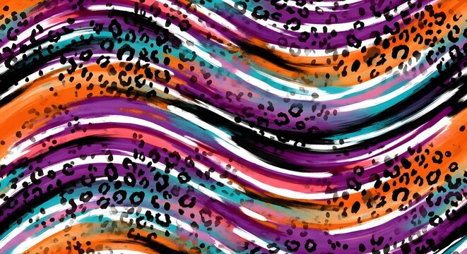 Colorful wavy leopard print and artistic paint strokes. Abstract fashion textile and vibrant animal skin concept. Rainbow feline spots flowing in creative waves for a trendy background.