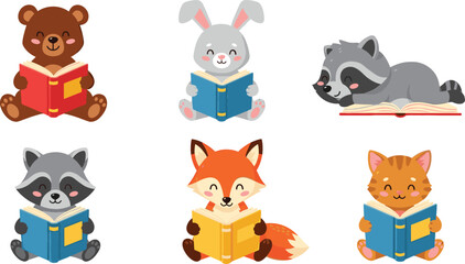 Fototapeta premium Happy Forest Animal Character Set Reading Books Featuring Cute Bear Rabbit Raccoon Fox and Cat for Literacy Education Storytime and Children's Library Vector Illustration
