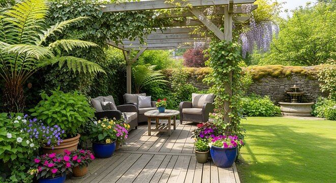 A serene and beautifully landscaped garden featuring a wooden deck with comfortable outdoor seating under a pergola, surrounded by vibrant potted flowers and lush greenery.