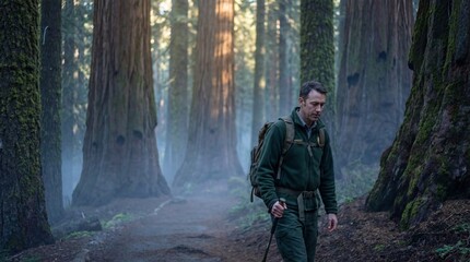 Obraz premium Forest Ranger Hiking Through Ancient Sequoia Grove at Dawn