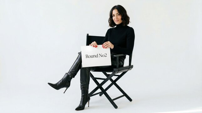 Confident woman in stylish attire holding a sign indicating the second round of a creative process