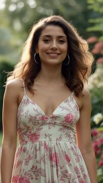 Vertical video: First step initiating approach, woman walking toward camera, smiling, meeting gaze