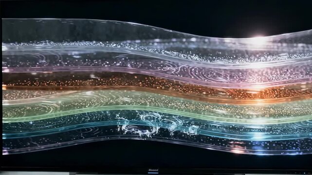 Medium shot of a digital screen displaying AIdriven simulation of film coatings highlighting layer distribution and drying patterns before real application.