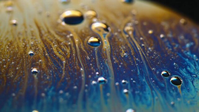 Vibrant iridescent oil film creating abstract patterns with water drops