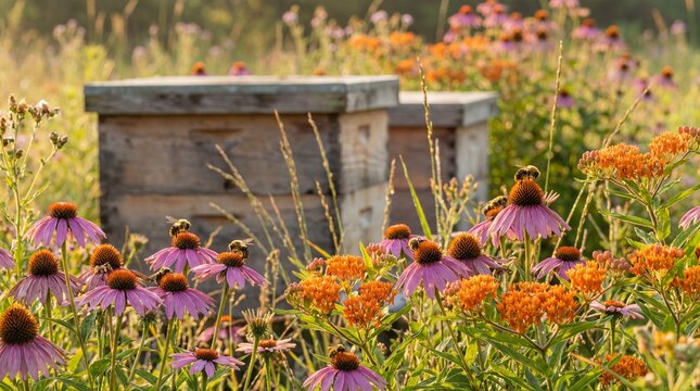 Honey Bees on Purple Coneflowers and Butterfly Weed near Beehives