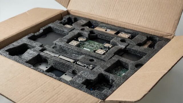 Medium shot of highimpact foam inserts cushioning delicate electronic components during packaging emphasizing superior shock absorption and product safety.