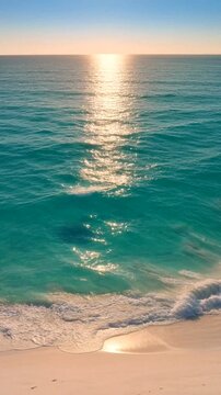 Golden sunlight reflects on turquoise waves rolling gently onto a pristine sandy beach.