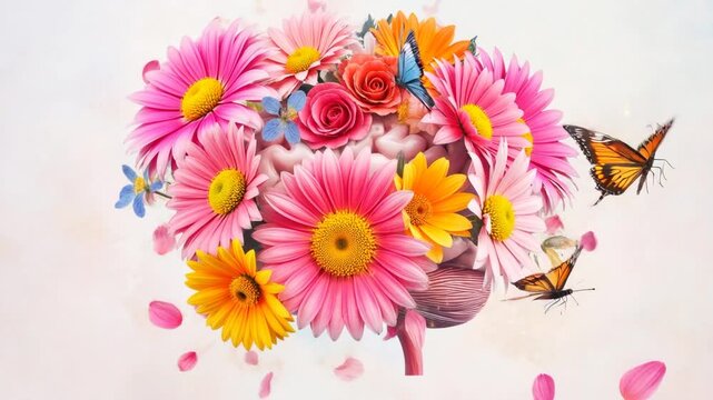 Pink daisy orange daisy rose butterfly bouquet brain flower surreal pastel spring colorful floral brain with butterflies symbolizing mental health growth creativity imagination optimism blooming