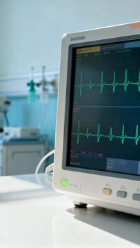 Vertical video: Power LED glowing, bedside monitor monitoring cardiac rhythm at clinic, copy space