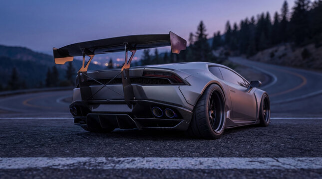 Modified supercar with carbon fiber spoiler parked on mountain road at twilight. Automotive customization project showcasing performance tuning, wide body kit and aero parts. Sport vehicle.