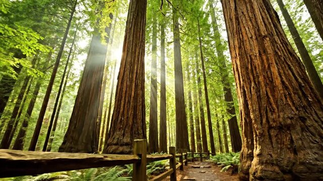 A breathtaking and immersive video shot within a majestic, ancient forest where towering trees reach incredibly high into the sky. Golden sunbeams dramatically pierce through the dense canopy, creatin