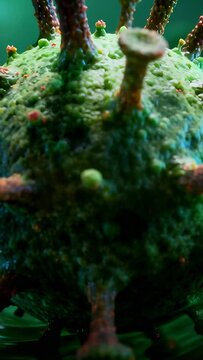 Vertical video: Flow nudging sphere with spike caps rotating, bobbing on green fluid, showing bumps