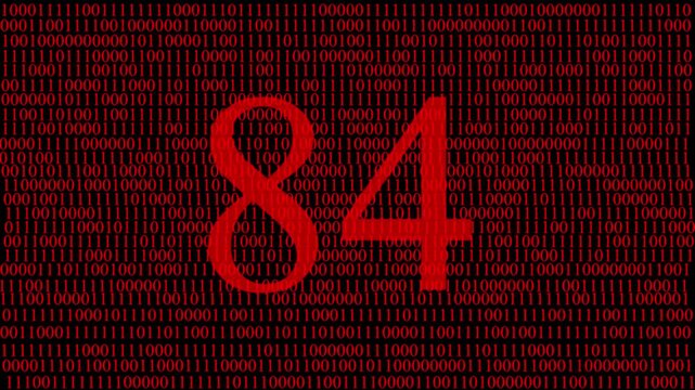 Abstract digital matrix background with red numbers data stream and hidden red number 84 ,pattern, futuristic artificial intelligence technology concept, cyber data code visualization and big data.