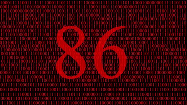 Abstract digital matrix background with red numbers data stream and hidden red number 86 ,pattern, futuristic artificial intelligence technology concept, cyber data code visualization and big data.
