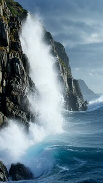 Dramatic waves crashing against rugged cliffs showcase the raw beauty of nature's coastal landscape.