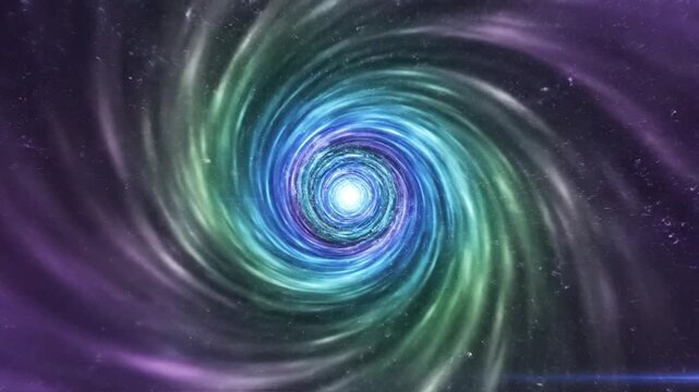 A vibrant, swirling galaxy with shades of purple, blue, and green, set against a starry night sky background, possibly for astronomy or science use