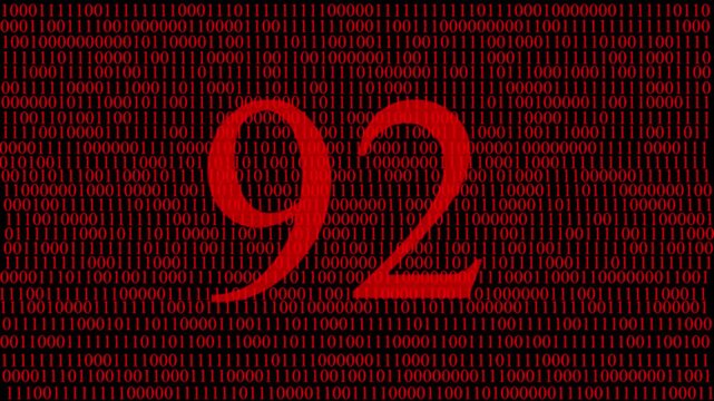 Abstract digital matrix background with red numbers data stream and hidden red number 92 ,pattern, futuristic artificial intelligence technology concept, cyber data code visualization and big data.