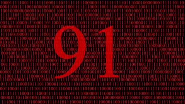 Abstract digital matrix background with red numbers data stream and hidden red number 91 ,pattern, futuristic artificial intelligence technology concept, cyber data code visualization and big data.