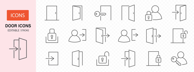Obraz premium Door icons big set. Open door icons. Open, close and ajar door, login, logout, register, password, vip entrance, key, lock, exit and more. Editable stroke. Vector illustration