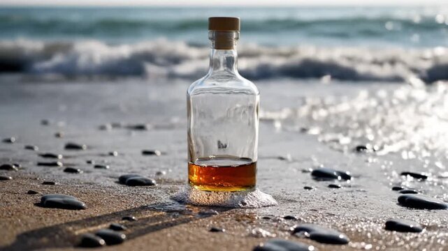 A clear glass bottle with a cork stopper containing a vibrant amber liquid stands gracefully on the wet sandy shore, bathed in natural sunlight. Gentle waves from the sparkling ocean softly ebb and fl