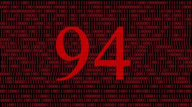 Abstract digital matrix background with red numbers data stream and hidden red number 94 ,pattern, futuristic artificial intelligence technology concept, cyber data code visualization and big data.