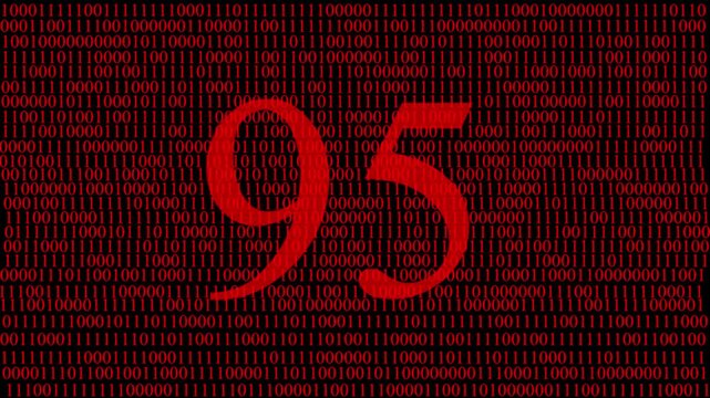 Abstract digital matrix background with red numbers data stream and hidden red number 95 ,pattern, futuristic artificial intelligence technology concept, cyber data code visualization and big data.