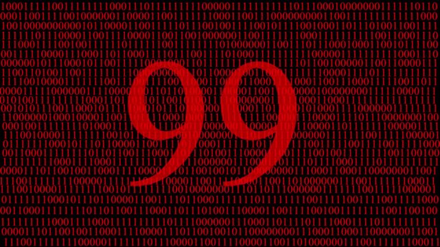 Abstract digital matrix background with red numbers data stream and hidden red number 99 ,pattern, futuristic artificial intelligence technology concept, cyber data code visualization and big data.