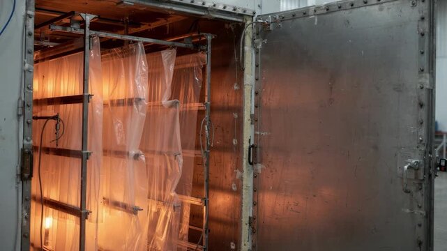 Medium shot of a batch annealing oven with thick plastic sheets inside showcasing controlled heating cycles to reduce internal stress and improve material durability.