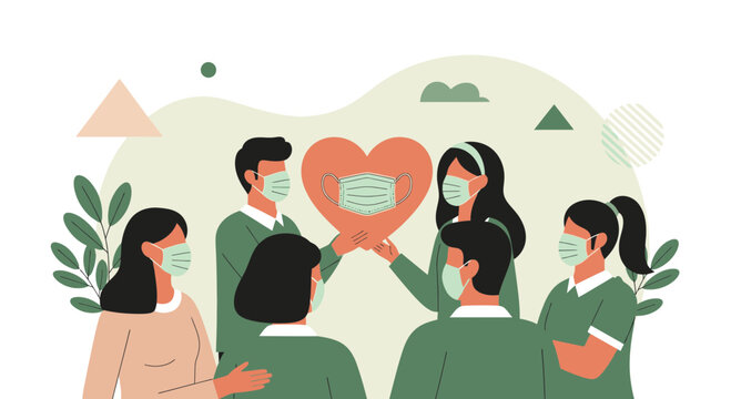 Diverse people wear masks holding a heart with a mask, symbolizing unity and care during pandemic