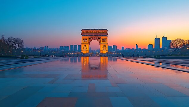 Arc de Triomphe at sunset with cityscape and reflective pavement Paris France