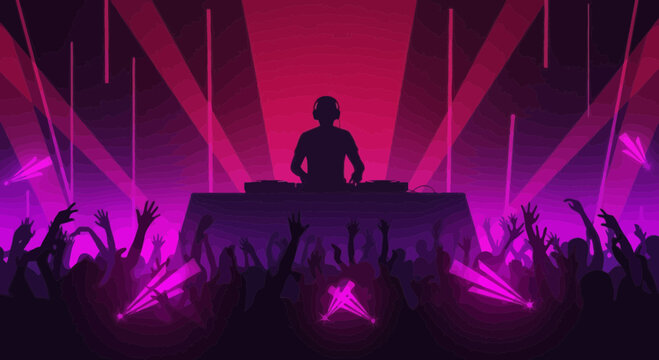 DJ playing music at a vibrant concert with energetic crowd and laser lights
